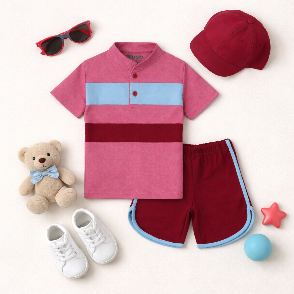 Plush-Baby Plaid Polo Shirt & Shorts-Blue-Red-Pink