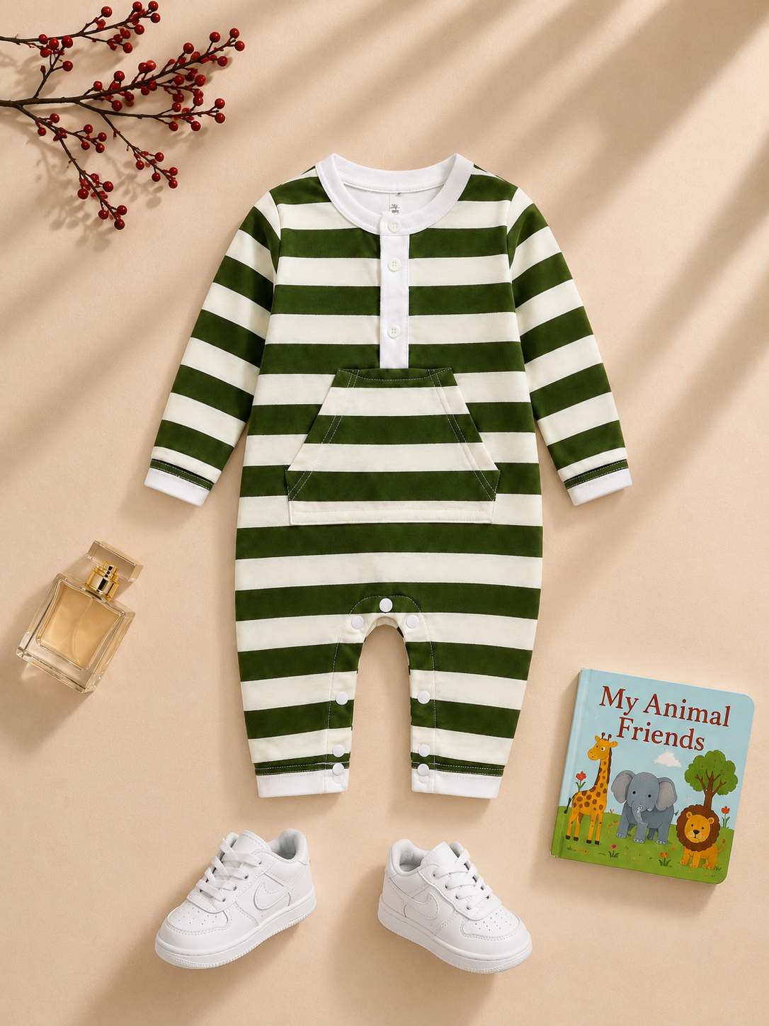 Plush-Printed Rompers - White N Green Stripes