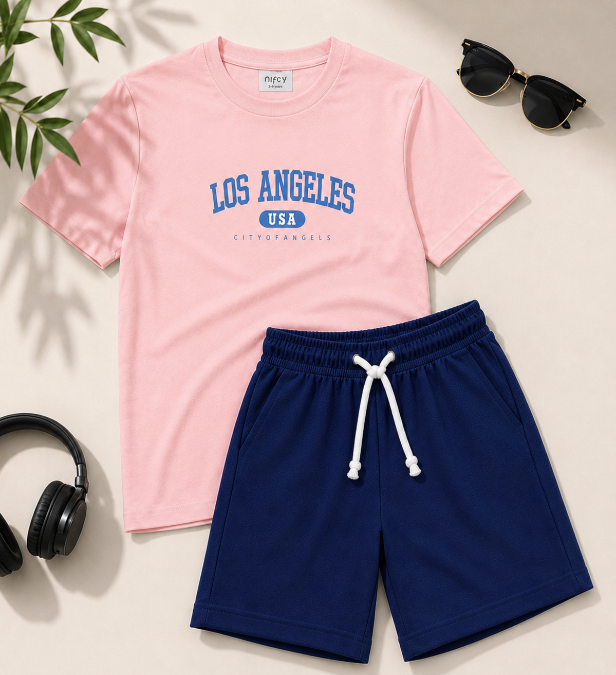 Basics by Nifty Boys T-Shirt & Shorts Set (Los Angeles Print) – Peach & Navy