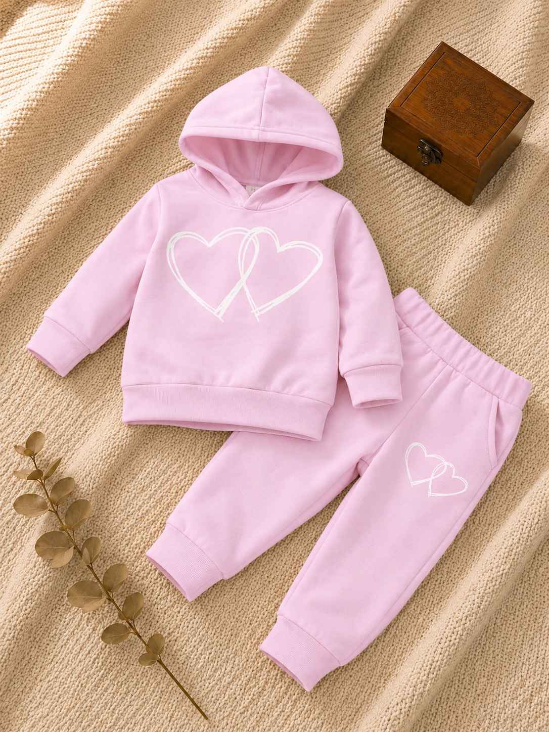 Plush Hoodie Style - Double Hearts Fleece Basic Set Pink