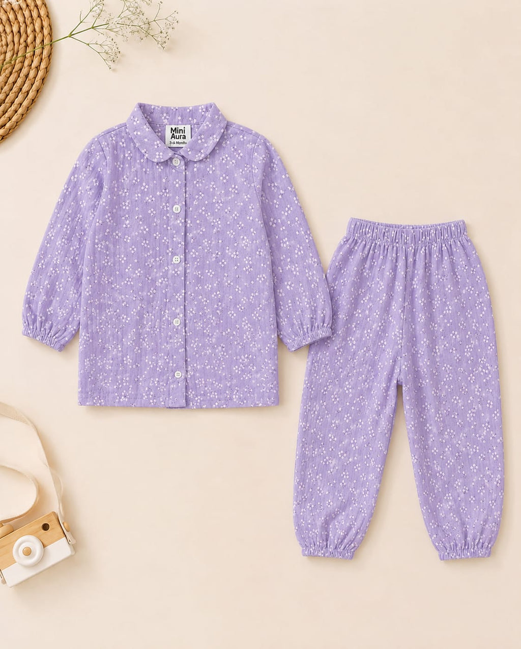 Mini Aura Girls Shirt and Trouser Set (Mini Floral Print) – Lavender