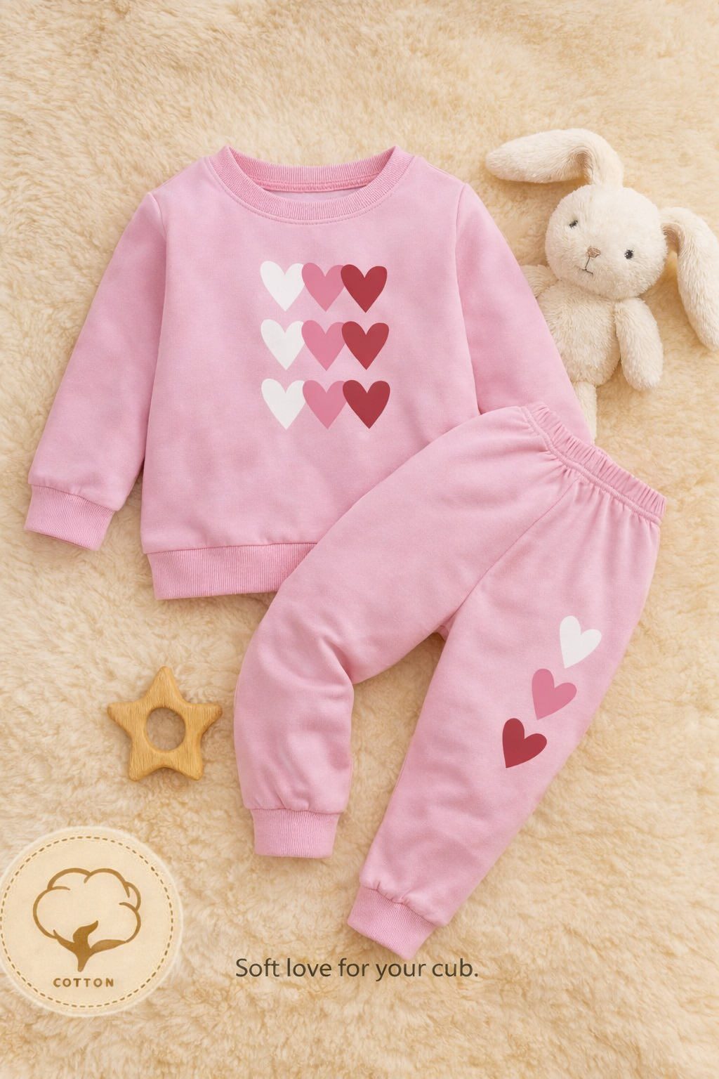 Plush Fleece Shirt & Trouser - Hearts in Pink