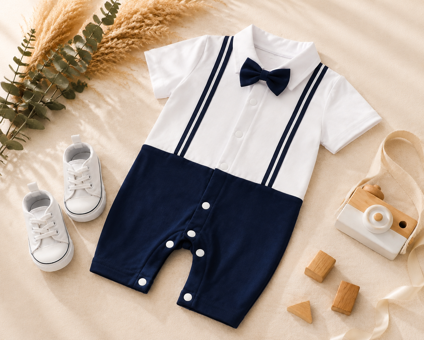 White & Navy Blue Bow Tie Polo Romper for Babies | Soft Interlock Bodysuit