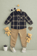 BOYS NAVY & TAN PLAID SHIRT WITH KHAKI JOGGER SET