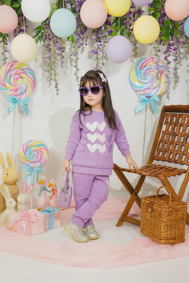 Plush Round Neck - Hearts Fleece Basic Set Purple