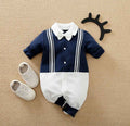 Plush-Polo Romper - Blue & White with Printed Stripes