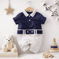 Plush-Polo Romper -  Blue & White Contrast With Belt