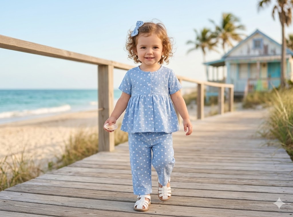 Mini Aura Girls Top and Trouser Set (Polka Dot Peplum) – Sky Blue