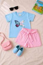 Nifty Basics Girls Contrast T-Shirt and Shorts Set– Sky Blue & Pink