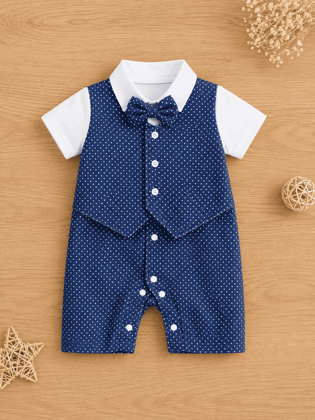 Mini Aura Polka Dot Vest-Style Romper with Bow Tie for Baby Boy
