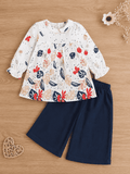 Mini Aura Floral Print Top & Navy Pant Set for Girls