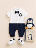 Plush-Polo Romper - White & Blue Contrast with Bowtie