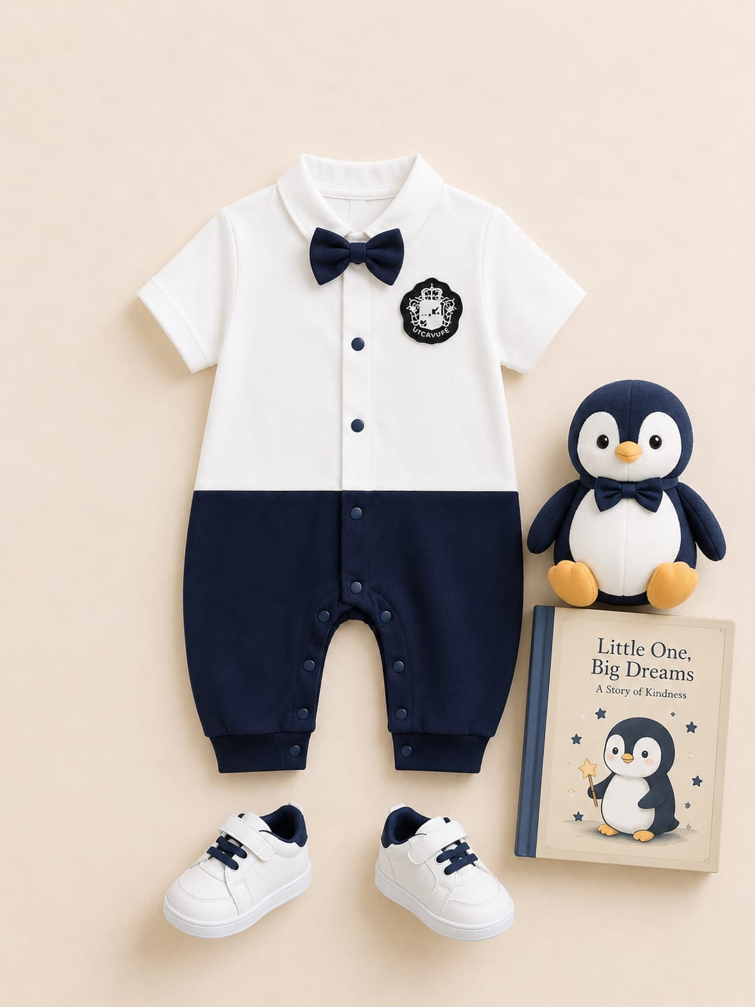 Plush-Polo Romper - White & Blue Contrast with Bowtie