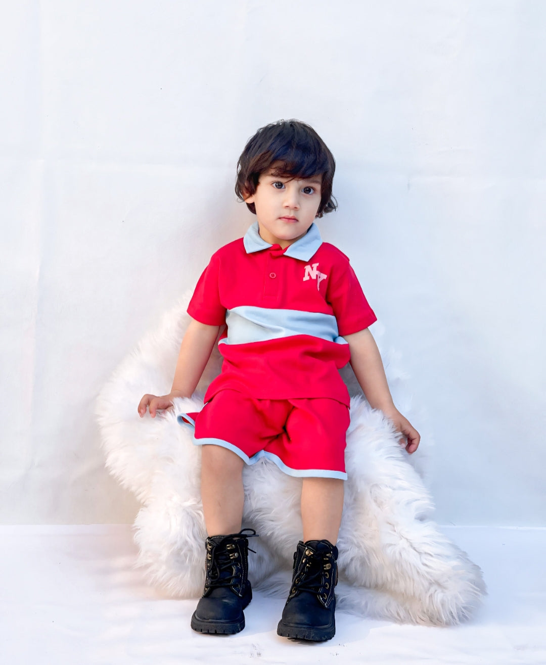 Plush-Baby Plaid Polo Shirt & Shorts-Red-Blue