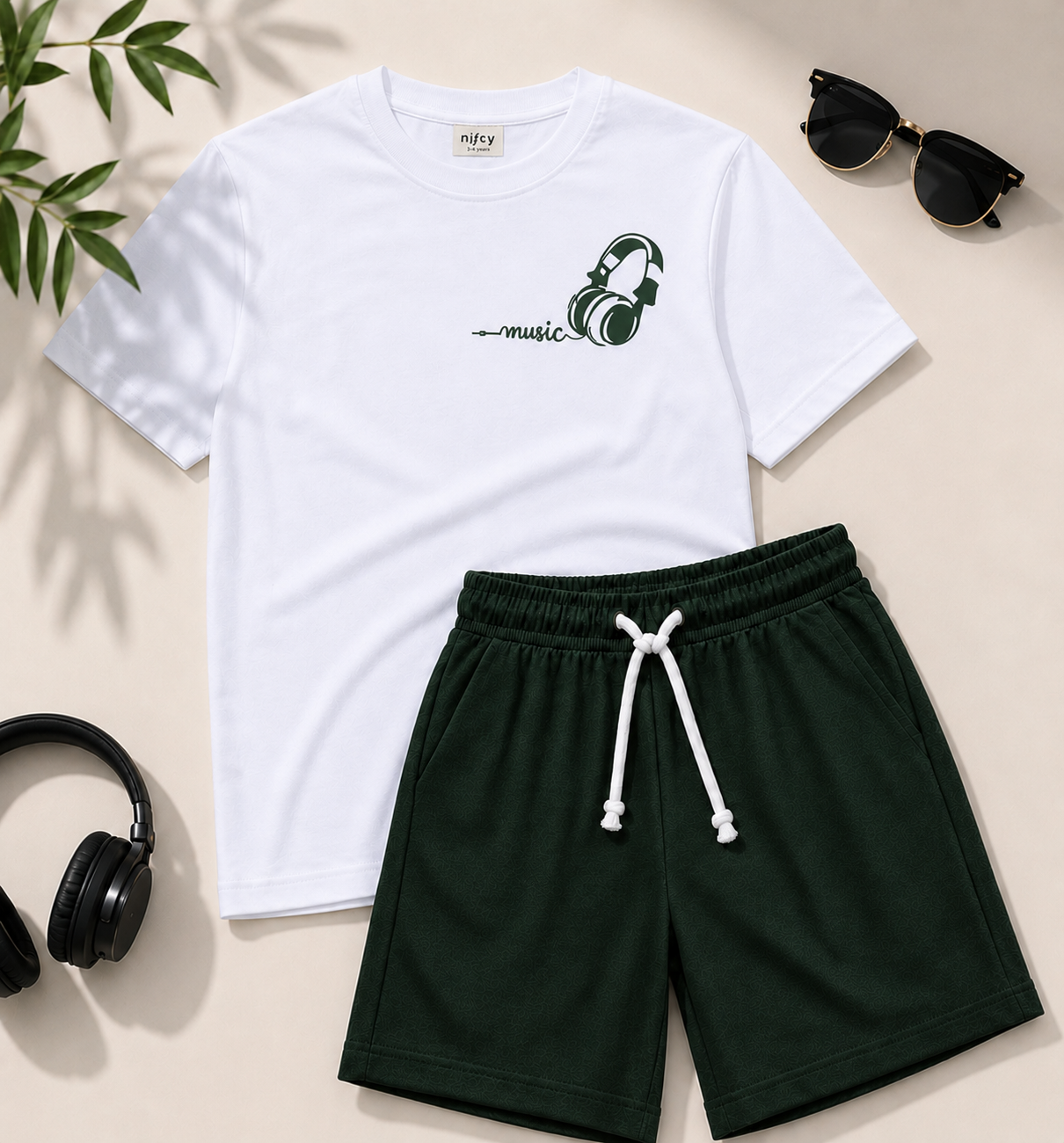 Basics by Nifty Boys T-Shirt & Shorts Set (Music Headphones ) – White & Black