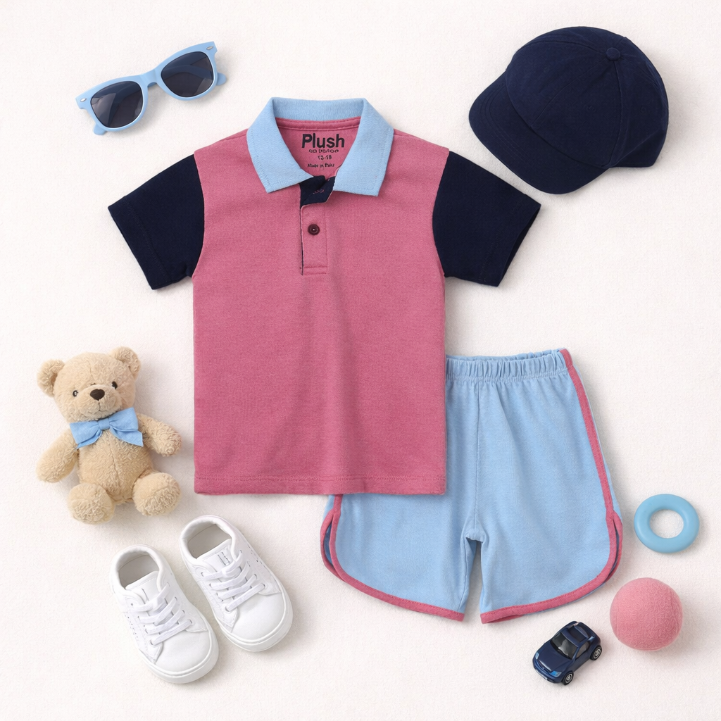 Plush-Baby Plaid Polo Shirt & Shorts-Pink-Blue