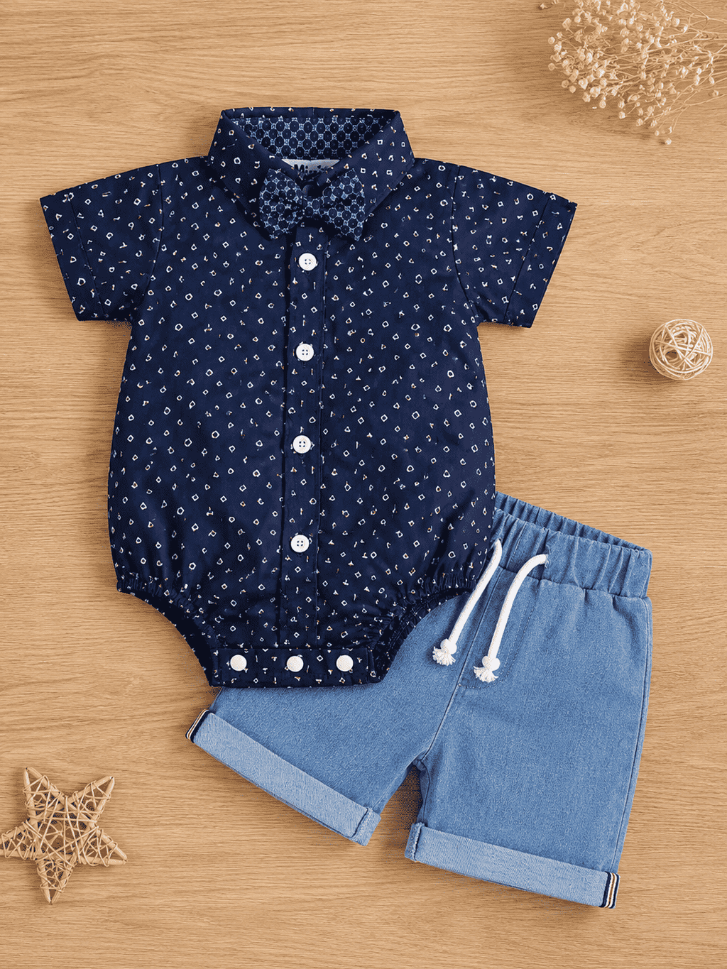 Mini Aura Sailboat Print Shirt Romper & Denim Shorts Set for Baby Boy