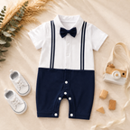 Baby boys navy tuxedo romper with bow tie