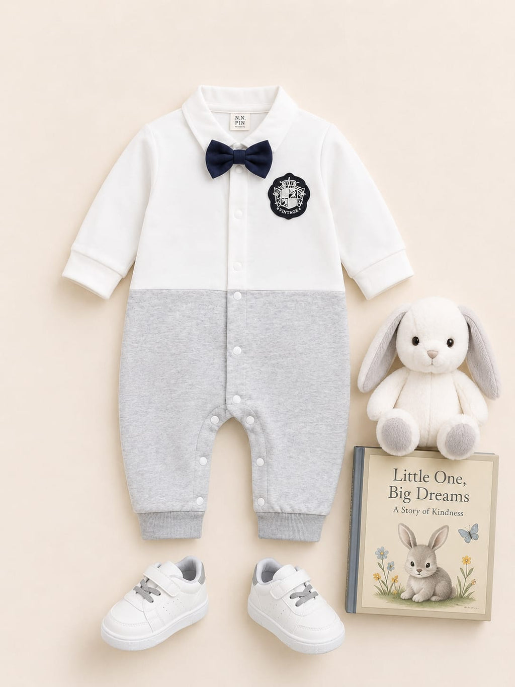 Plush-Polo Romper - White & Grey Contrast with Bowtie