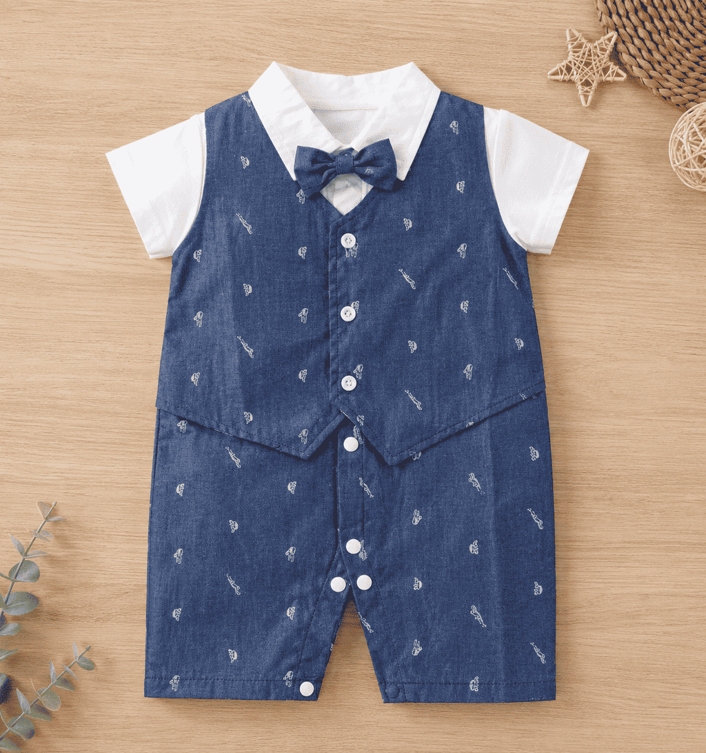 Mini Aura Printed Vest Romper with Bow Tie for Baby Boy