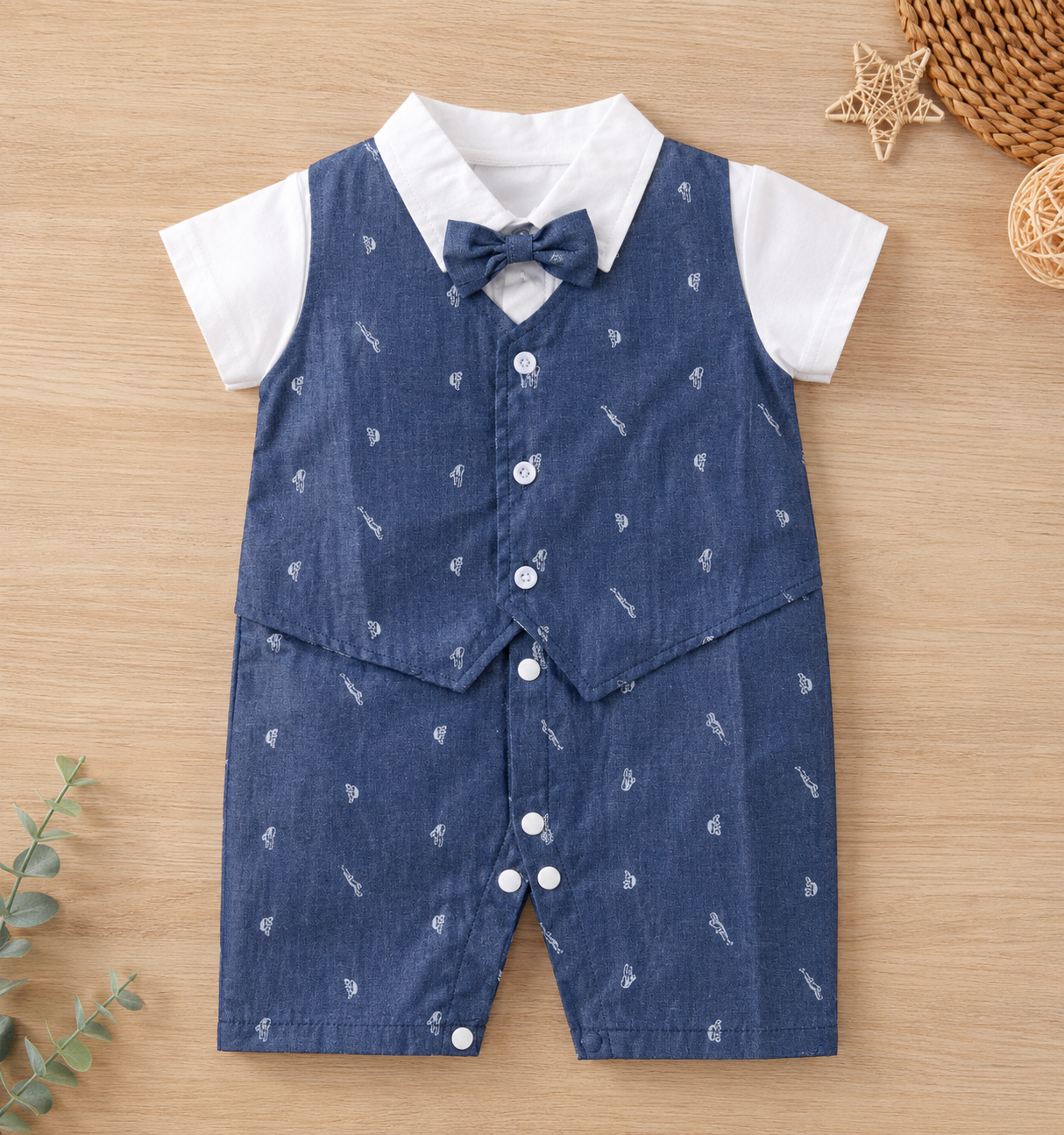 Mini Aura Printed Vest Romper with Bow Tie for Baby Boy