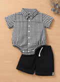 Mini Aura Black & White Check Onesie with Black Shorts Set for Baby Boy