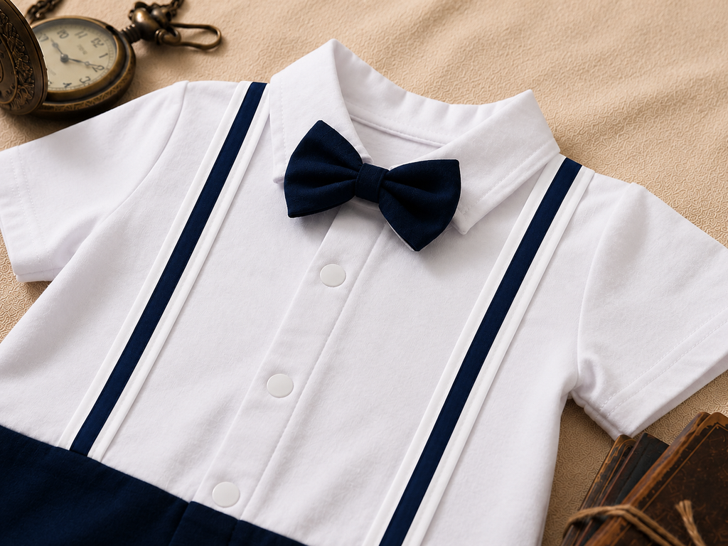 White & Navy Blue Bow Tie Polo Romper for Babies | Soft Interlock Bodysuit