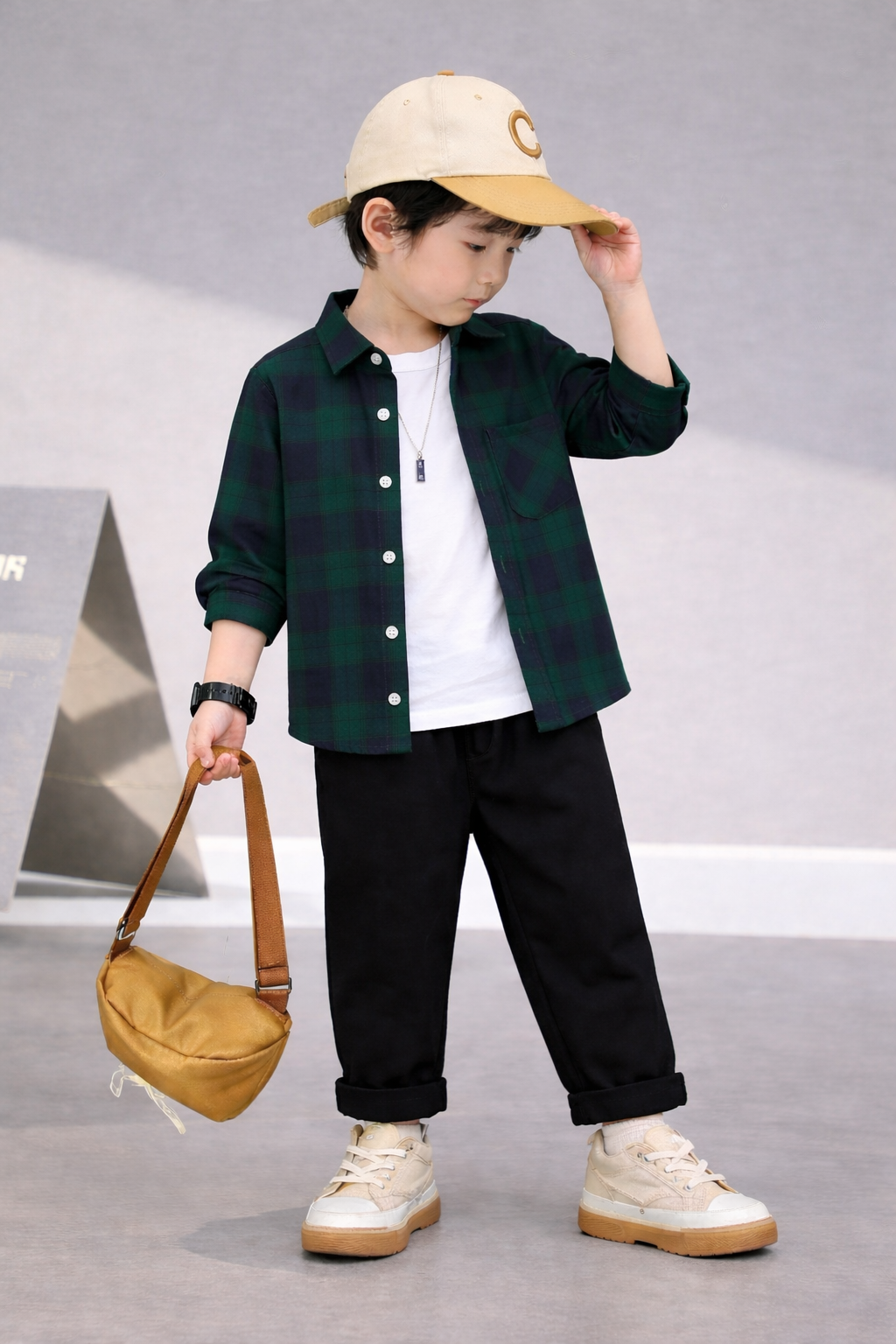 BOYS GREEN & BLUE PLAID SHIRT WITH BLACK JOGGER SET