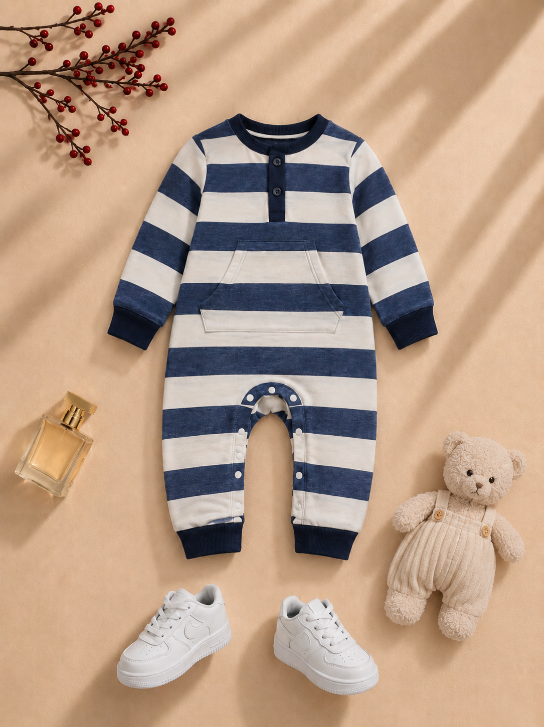 Plush-Printed Romper - Black Stripes with front pocket in Cream