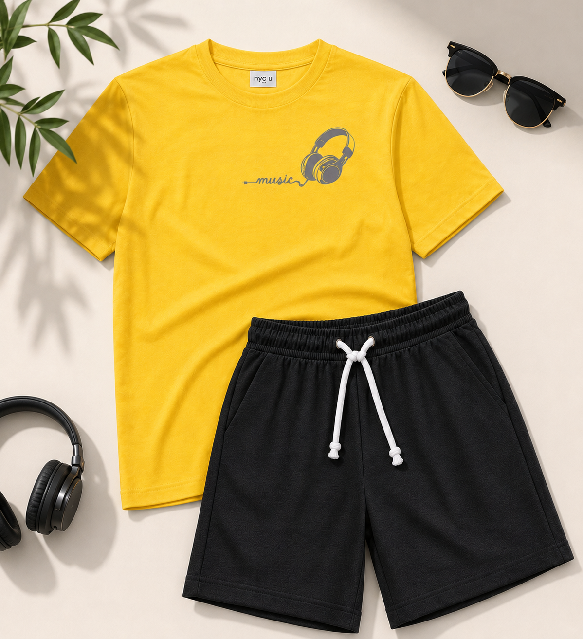 Basics by Nifty Boys T-Shirt & Shorts Set (Music Headphones ) – Yellow & dark grey