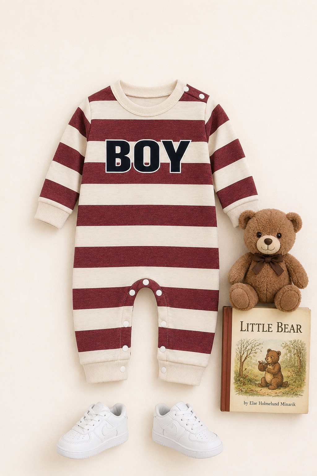 Plush-Printed Romper - Boy in Maroon Stripes