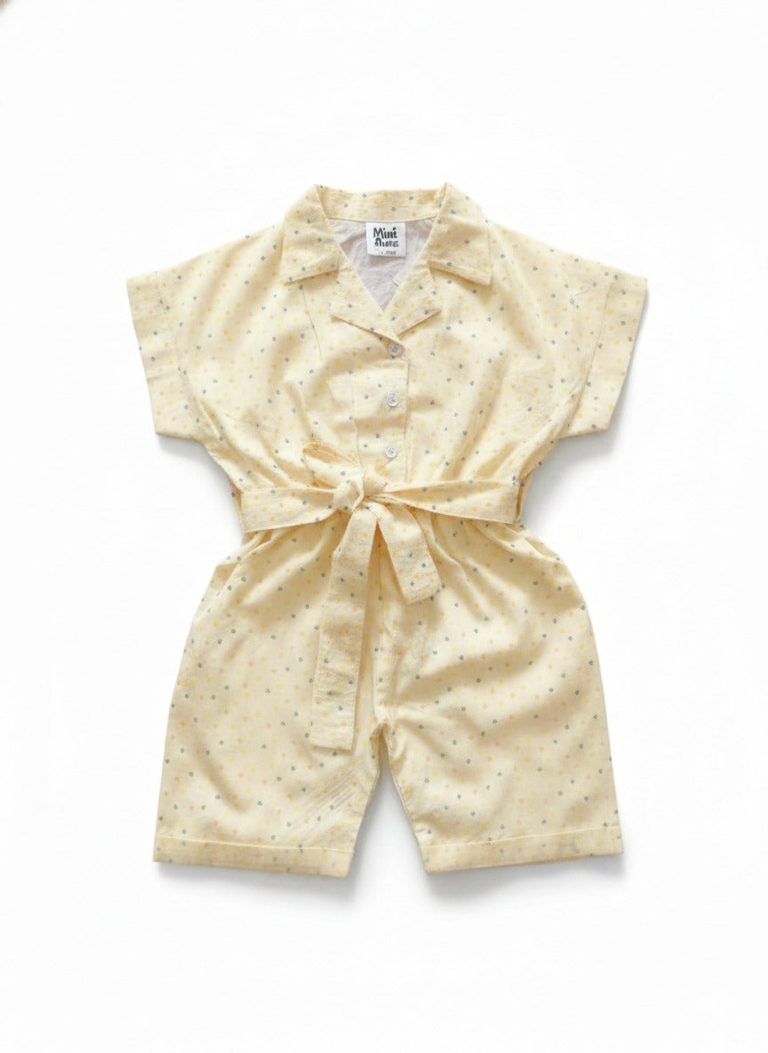 MINI AURA Girls Polka Dot Jumpsuit with Waist Belt – Butter Yellow