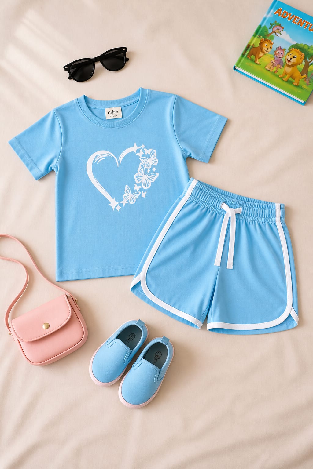 Nifty Basics Girls T-Shirt and Shorts Set (Butterfly Heart) – Sky Blue