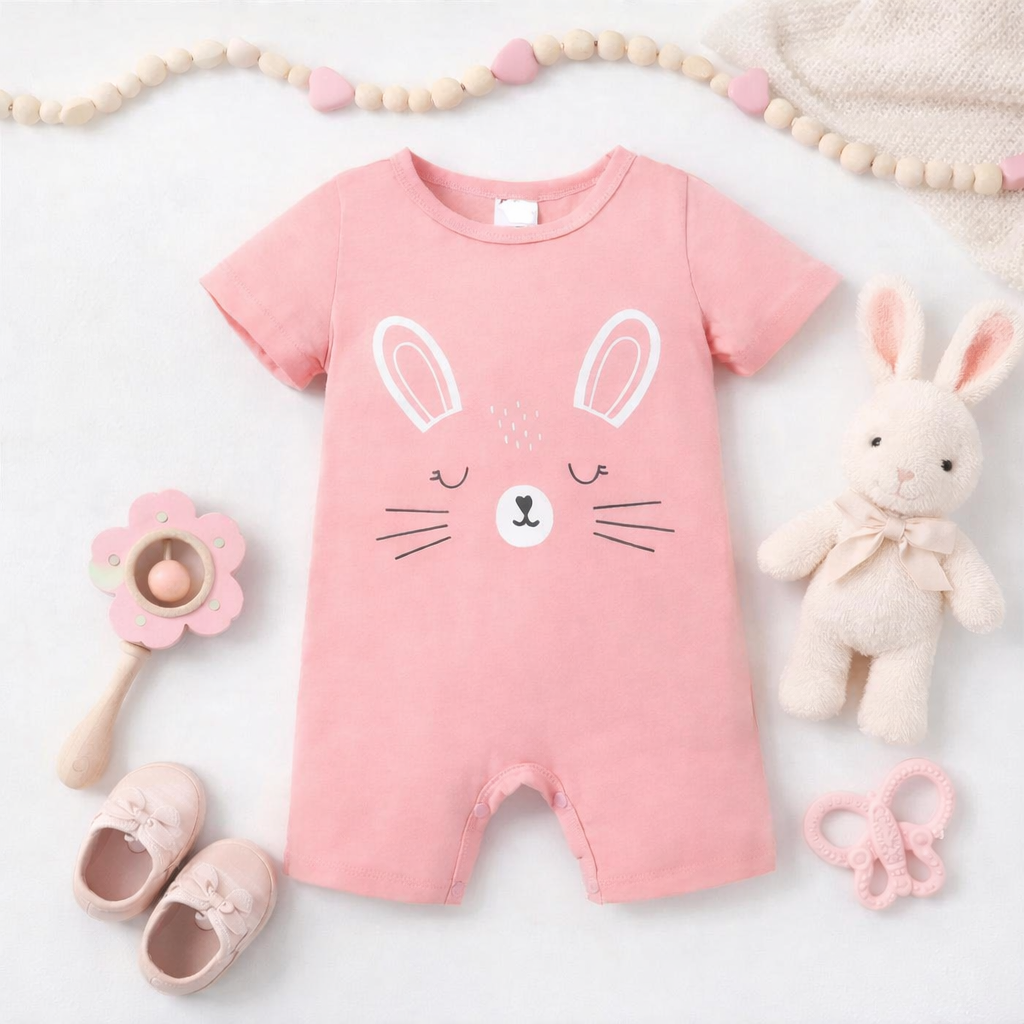 Plush-Printed Romper - Pink Cute Cat
