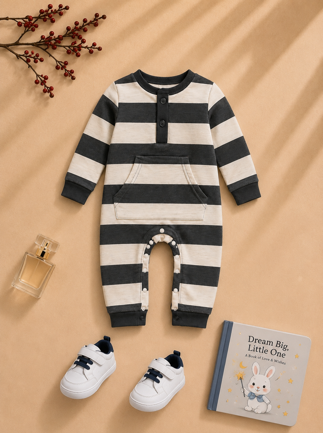 Plush-Printed Romper - Black Stripes with front pocket