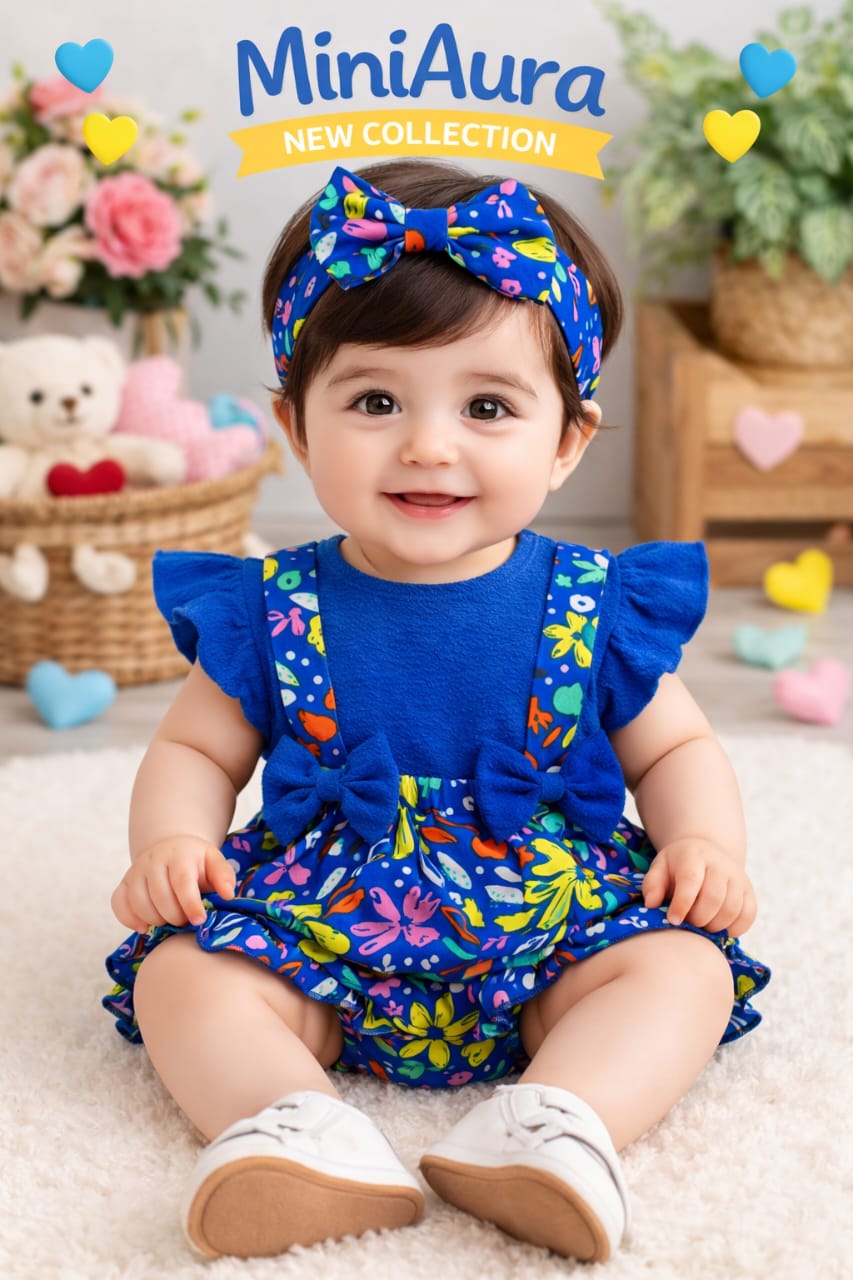 MINI AURA Girls Printed Frill Romper ( Contrast ) – Royal Blue