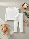 Plush Shoulder Frill Style Ribbed Knit Basic Set - White