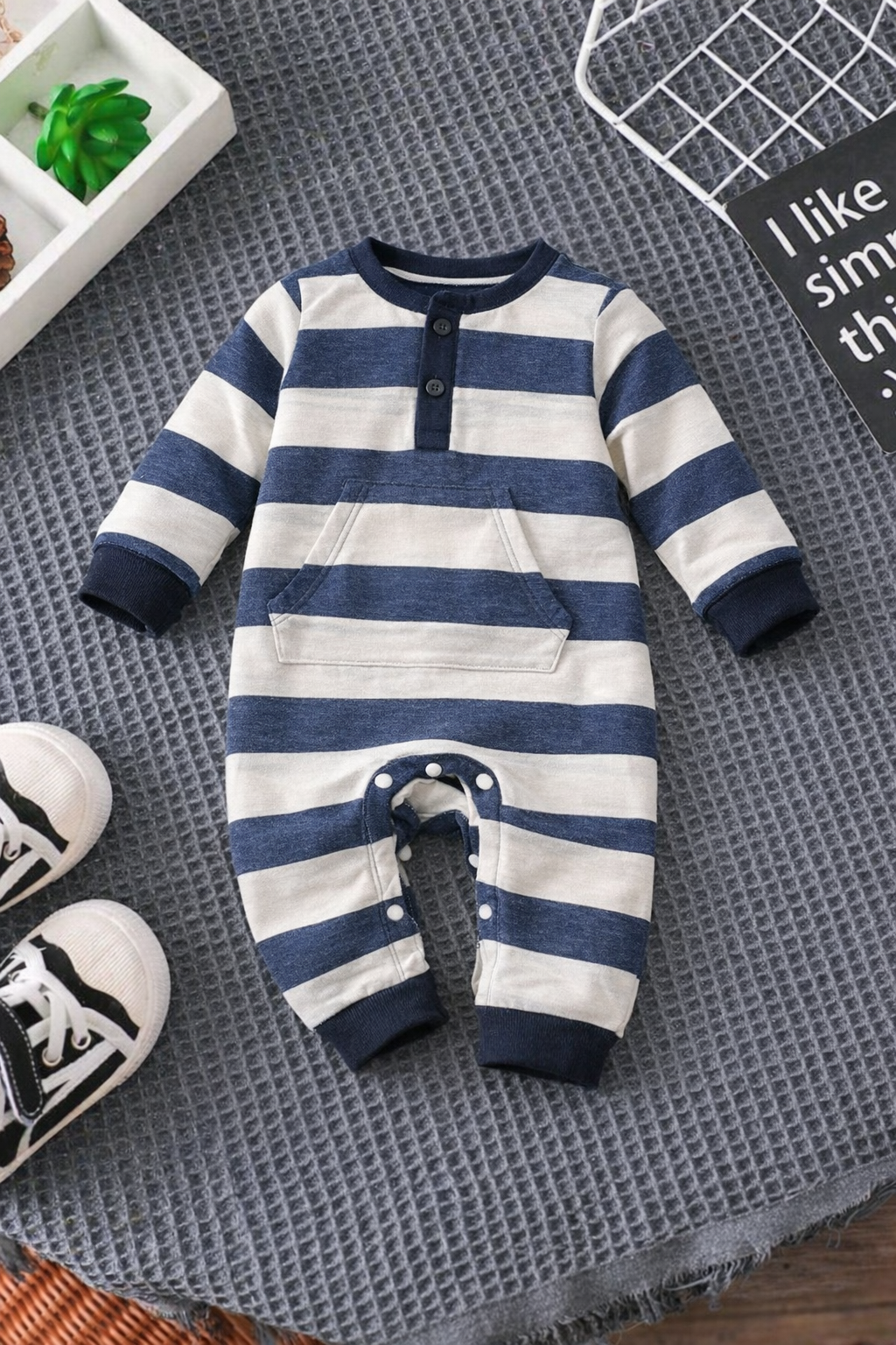 Plush-Printed Romper - Black Stripes with front pocket in Cream