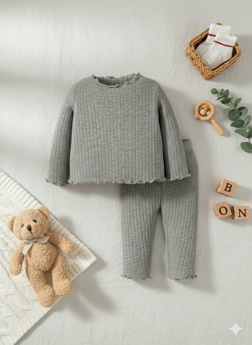 Plush Lettuce Trim Ribbed Knit Basic Set - Charcoal