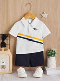 Shirt and Short Set - White Striped Polo