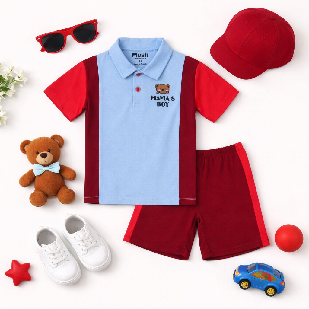 Plush-Baby Plaid Polo Shirt & Shorts-Red-Blue