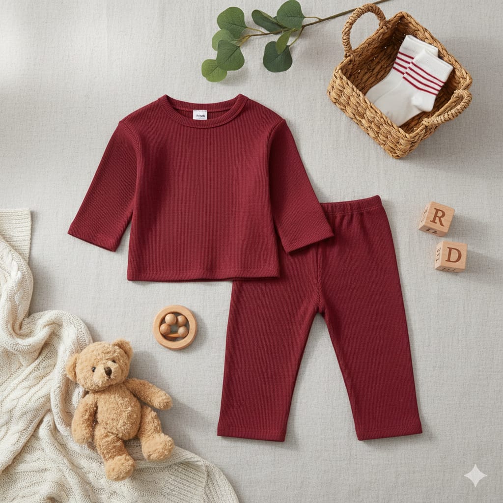 Plush Round Neck Style Ribbed Knit Sweat Set - Maroon