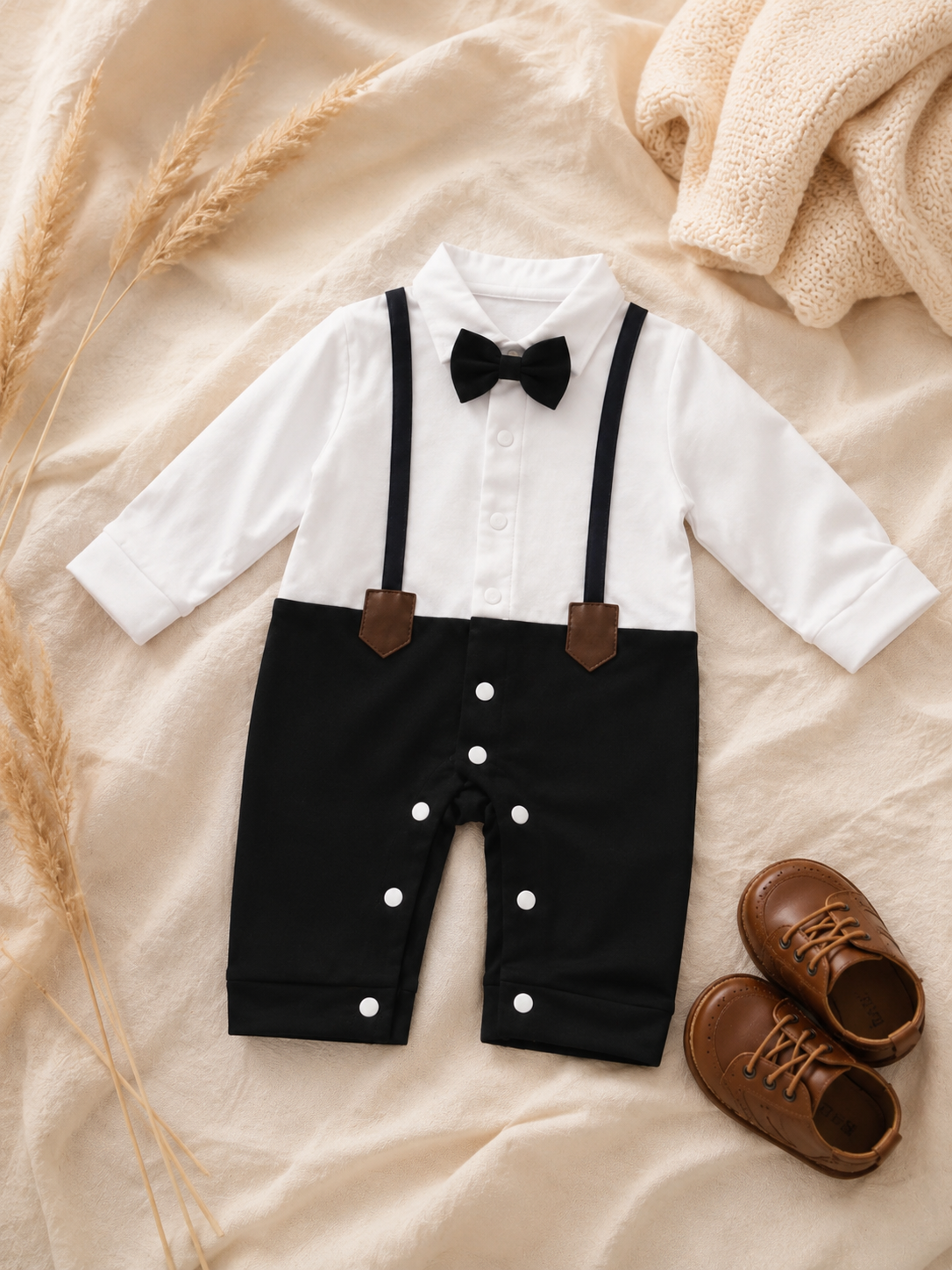 Baby Boy Bow Tie Romper | Polo Collar Suspender Bodysuit – Black Interlock
