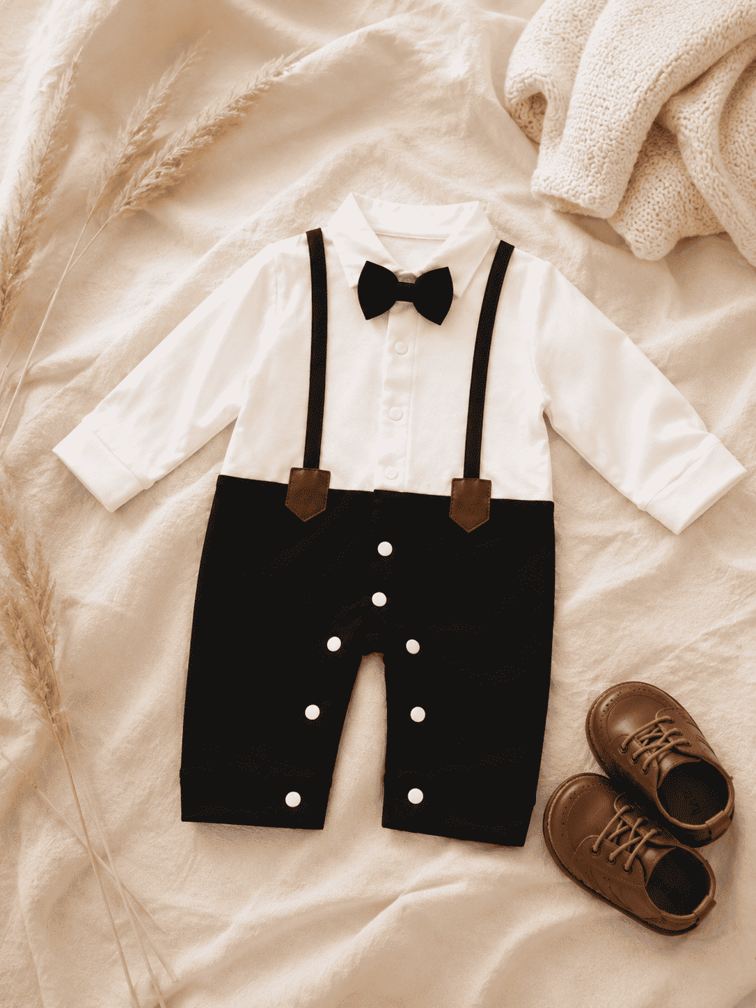 Baby Boy Bow Tie Romper | Polo Collar Suspender Bodysuit – Black Interlock