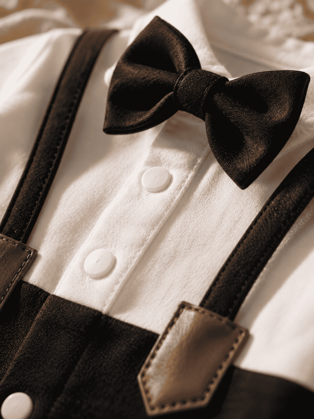 Baby Boy Bow Tie Romper | Polo Collar Suspender Bodysuit – Black Interlock