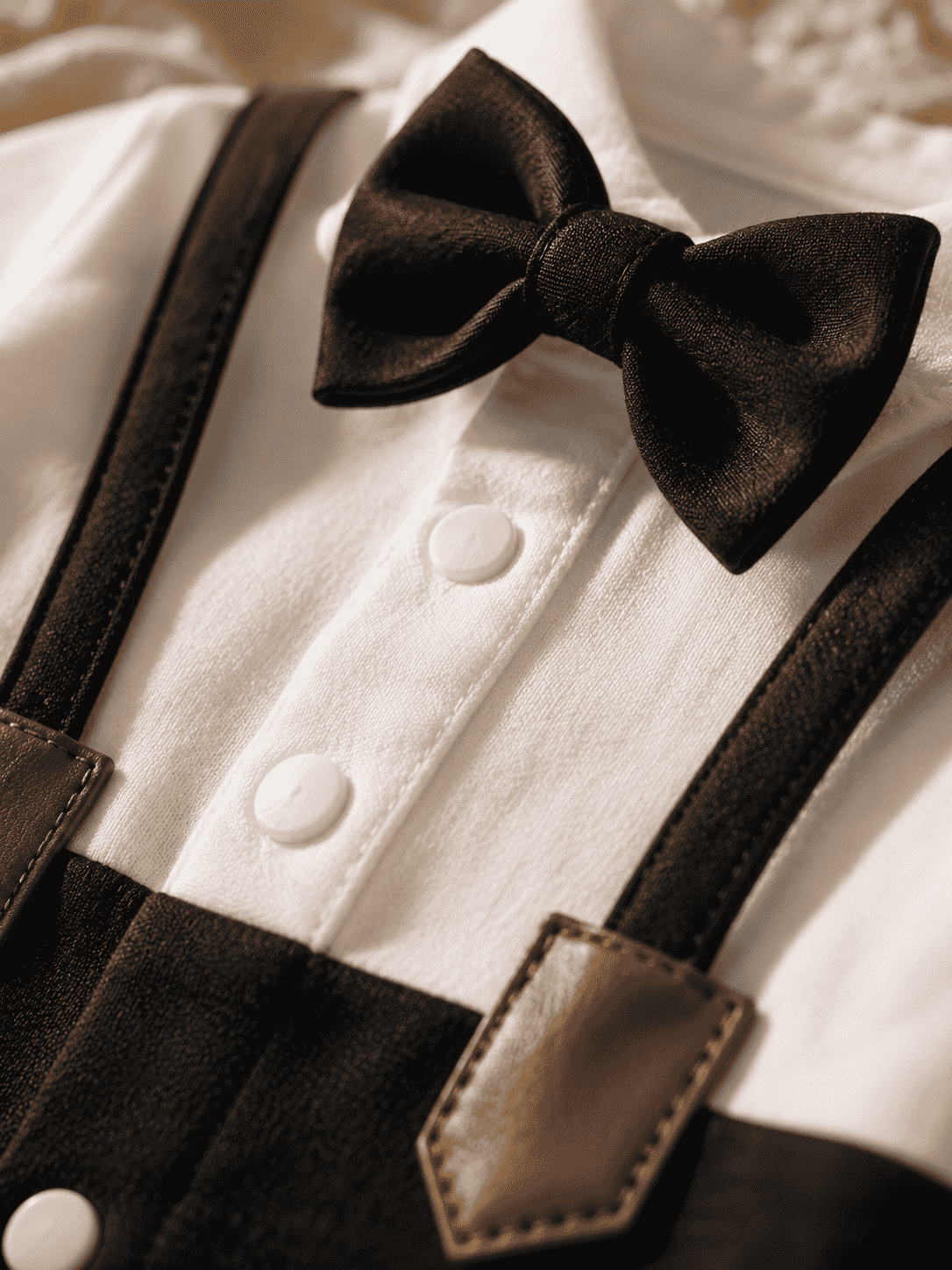 Baby Boy Bow Tie Romper | Polo Collar Suspender Bodysuit – Black Interlock