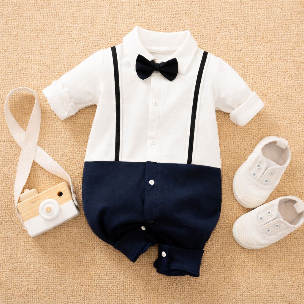 Plush-Polo Romper - White & Blue Contrast with Bowtie & Stripes