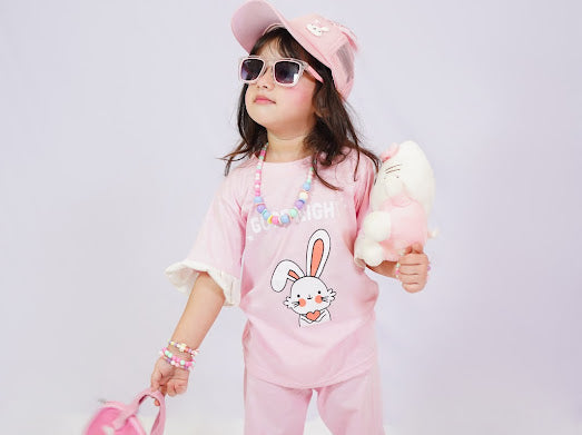 Girls Peach Bunny Print T-Shirt & Trouser Set