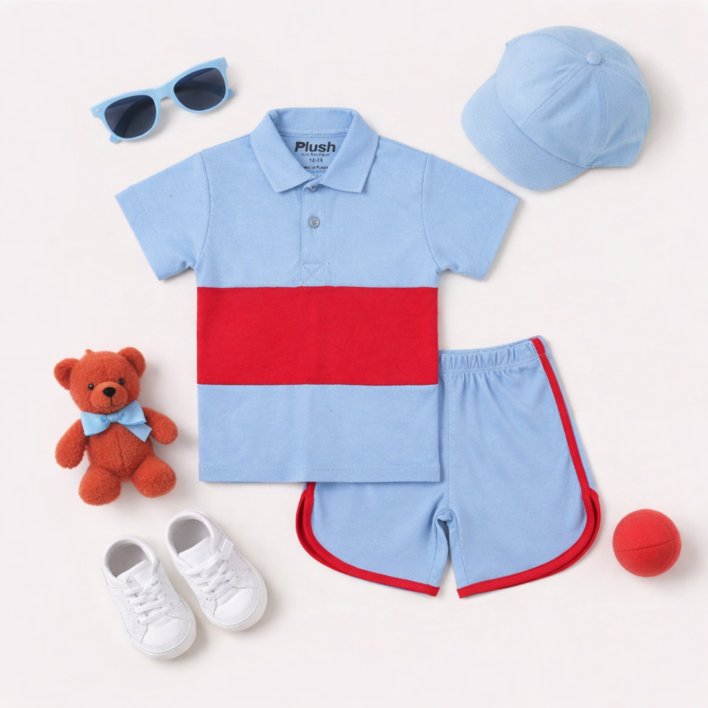 Plush-Baby Plaid Polo Shirt & Shorts-Red-Blue