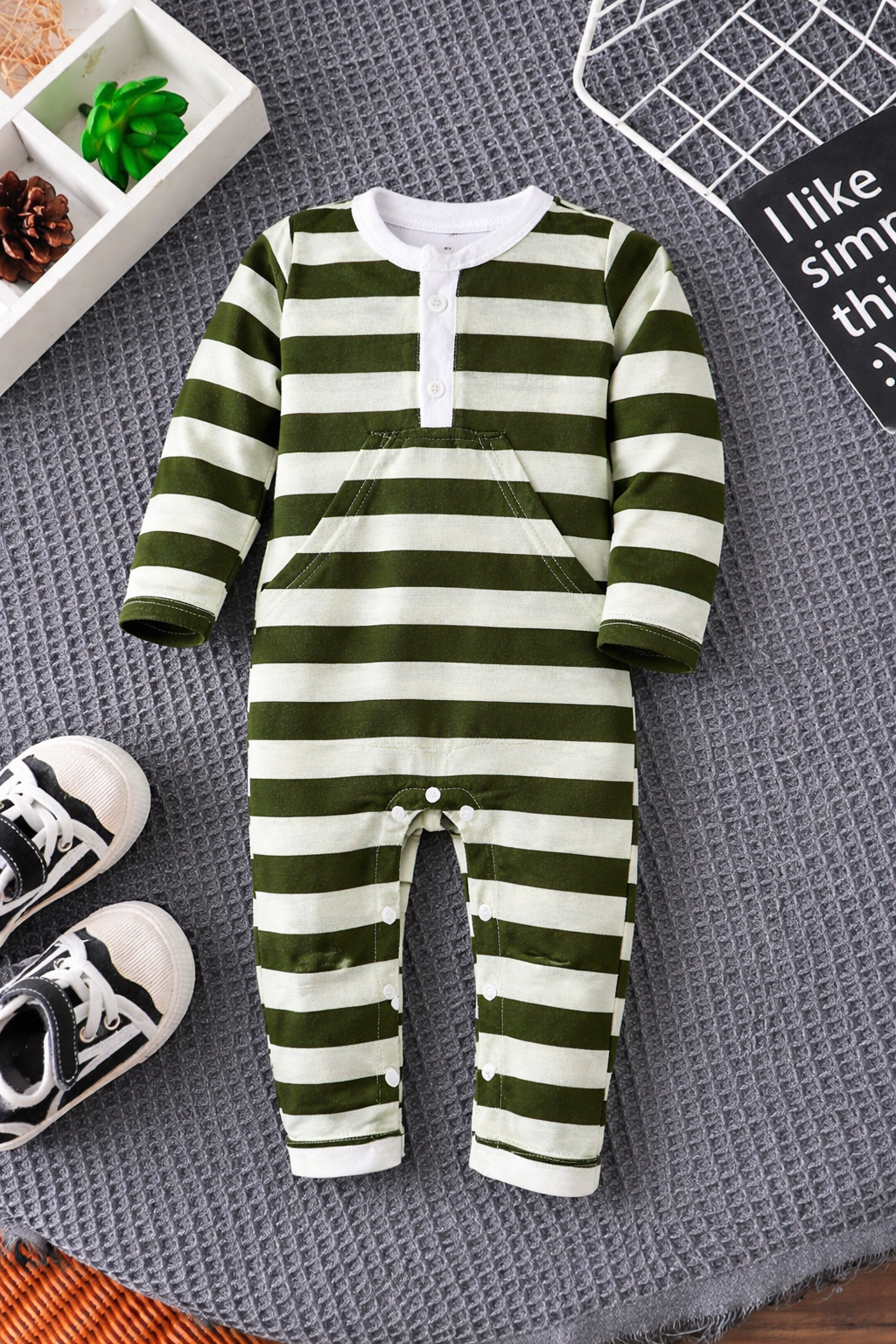 Plush-Printed Rompers - White N Green Stripes